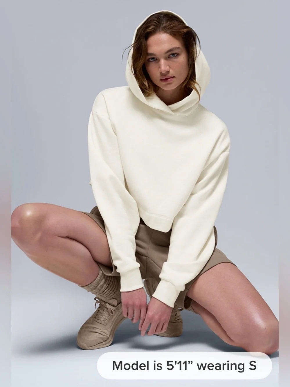 Alo NWT Bae Hoodie Ivory Cream Cropped Pullover Sweatshirt Size L